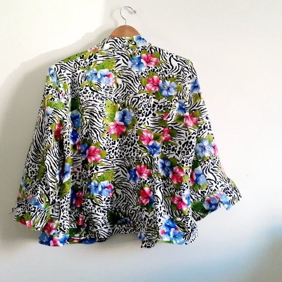 Choices  100% Linen Open Front Floral B&W Zebra Stripes Sleeve Women's Blazer 2X - Picture 2 of 11